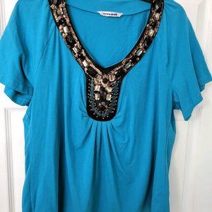 Turquoise Nygard top with‎ embellished neckline XL